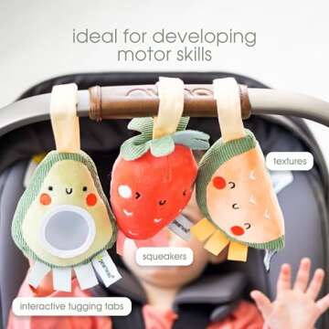 Pearhead Fruit Stroller Toys, Plush Interactive Toy Set for Baby Car Seat with Hanging Mirror, Babyu Car Mirror Toys, Strawberry Avocado Watermelon, Set of 3