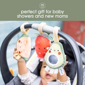 Pearhead Fruit Stroller Toys, Plush Interactive Toy Set for Baby Car Seat with Hanging Mirror, Babyu Car Mirror Toys, Strawberry Avocado Watermelon, Set of 3