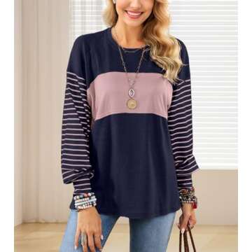 IWOLLENCE Women's Casual Striped Long Sleeve Tops Crewneck Color Block Loose Drop Shoulder Shirt Blouse Fall Navy Blue Light Pink, XXL