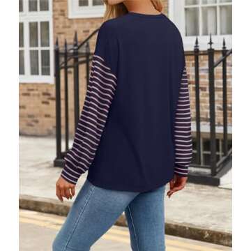 IWOLLENCE Women's Casual Striped Long Sleeve Tops Crewneck Color Block Loose Drop Shoulder Shirt Blouse Fall Navy Blue Light Pink, XXL