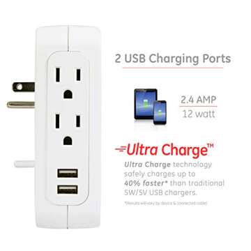 GE Pro 5-Outlet Extender with 2 USB Ports, 2 Pack, Surge Protector, Side Access, Fabric Wall Tap Adapter, 3-Prong, 560 Joules, 2.4 AMP/12 Watt Ultra-Charge, Warranty, UL Listed, White/Gray, 56214