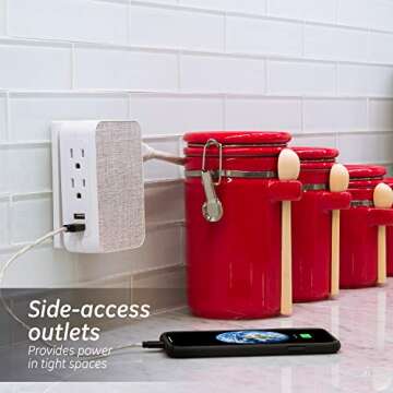 GE Pro 5-Outlet Extender with 2 USB Ports, 2 Pack, Surge Protector, Side Access, Fabric Wall Tap Adapter, 3-Prong, 560 Joules, 2.4 AMP/12 Watt Ultra-Charge, Warranty, UL Listed, White/Gray, 56214