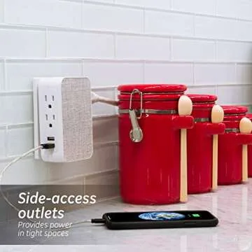 GE Pro 5-Outlet Extender with 2 USB Ports, 2 Pack, Surge Protector, Side Access, Fabric Wall Tap Adapter, 3-Prong, 560 Joules, 2.4 AMP/12 Watt Ultra-Charge, Warranty, UL Listed, White/Gray, 56214