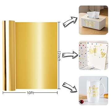 Prime Vinyl Gold Permanent Vinyl, Chrome Gold Vinyl for Cricut - 12" x 10 FT-Metallic Adhesive Vinyl...