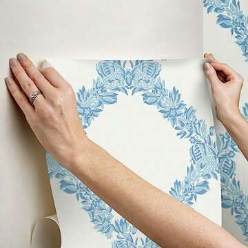 Scalamandre Sky Blue Wreath Peel & Stick Wallpaper