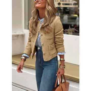 chouyatou Women's Fall Business Casual Tweed Jacket Button Down Fringed Tassel Office Work Blazer Co...