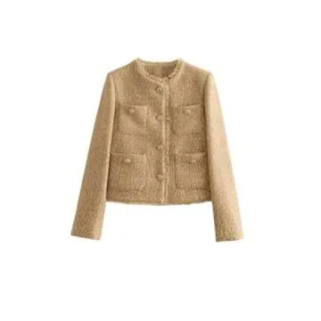 chouyatou Women's Fall Business Casual Tweed Jacket Button Down Fringed Tassel Office Work Blazer Coat (X-Small, Khaki)