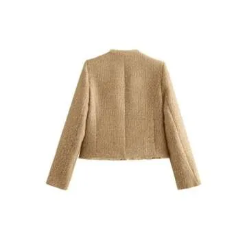 chouyatou Women's Fall Business Casual Tweed Jacket Button Down Fringed Tassel Office Work Blazer Coat (X-Small, Khaki)