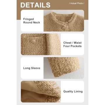 chouyatou Women's Fall Business Casual Tweed Jacket Button Down Fringed Tassel Office Work Blazer Coat (X-Small, Khaki)