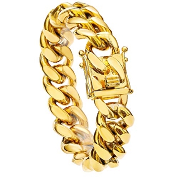 Gold Cuban Link Chain Necklace or Bracelet with Design Box Clasp for Men 18K Gold Stainless Steel Hi...