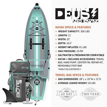 BOTE Deus Aero Inflatable Kayak for Adults & Kids Includes Travel Bag 1 Person Single Rider Blow Up Kayaking for Recreational Fishing Hunting Leisure Multiple Colors
