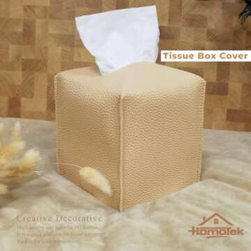 HOMOTEK 2 Pack Tissue Box Cover, Square PU Leather Tissue Holder, Decorative Facial Tissue Cube Paper Organizer Dispenser for Bathroom, Night Stands, Desk, Car 5X5X5'' - Litchi Grain, Beige