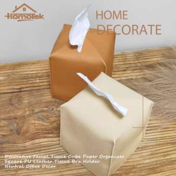 HOMOTEK 2 Pack Tissue Box Cover, Square PU Leather Tissue Holder, Decorative Facial Tissue Cube Paper Organizer Dispenser for Bathroom, Night Stands, Desk, Car 5X5X5'' - Litchi Grain, Beige