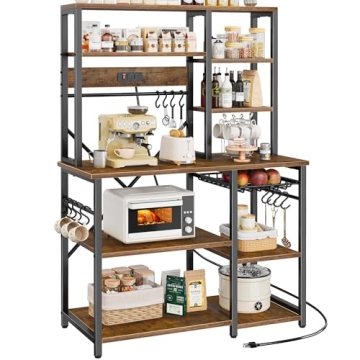 SUPERJARE Large Baker’s Rack with Power Outlets: 6-Tier Kitchen Storage Solution, Rustic Brown