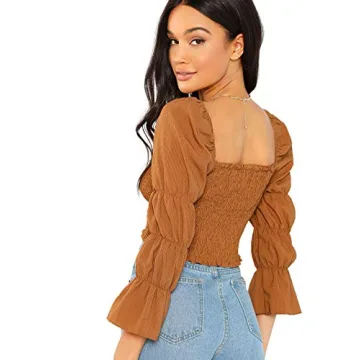 Floerns Women's Puff Long Sleeve Crop Blouse in Tomato Red XS