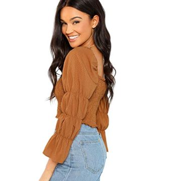 Floerns Women's Puff Long Sleeve Crop Blouse in Tomato Red XS