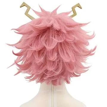 Cfalaicos Short Pink Wigs For Women Synthetic Hair Fancy Dress with 2 Horns