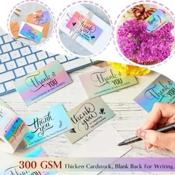 Jutieuo 620Pcs 1.5'' Thank You Stickers Roll and Business Cards Set, Thank you for Supporting My Small Business, Thank You Labels for Retail Store Package Insert Envelope Seals (Holographic)