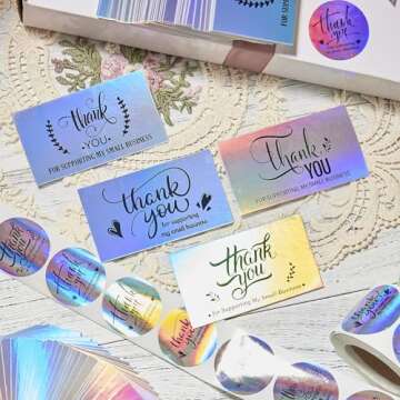Jutieuo 620Pcs 1.5'' Thank You Stickers Roll and Business Cards Set, Thank you for Supporting My Small Business, Thank You Labels for Retail Store Package Insert Envelope Seals (Holographic)
