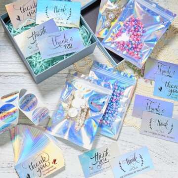 Jutieuo 620Pcs 1.5'' Thank You Stickers Roll and Business Cards Set, Thank you for Supporting My Small Business, Thank You Labels for Retail Store Package Insert Envelope Seals (Holographic)