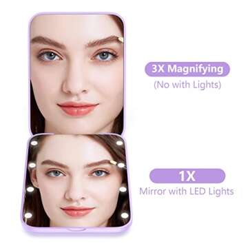 wobsion Small Mirror with Lights,LED Compact Makeup Mirror,1x/3x Mini Travel Mirror with Magnificati...