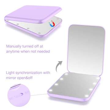 wobsion Small Mirror with Lights,LED Compact Makeup Mirror,1x/3x Mini Travel Mirror with Magnification,Portable Hand Held Mirror for Purse,Pocket,Gifts for Girls,Purple