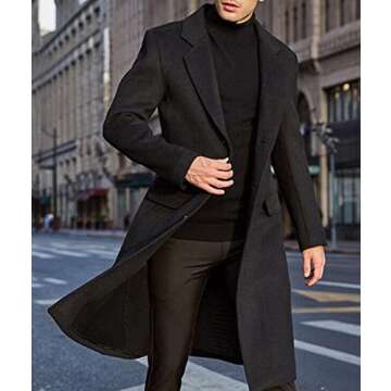 SOMTHRON Men's Casual Trench Coat Slim Fit Notched Collar Long Jacket Overcoat Single Breasted Pea Coat wih Pockets BL-M