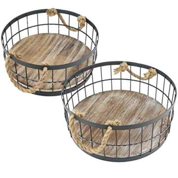 Stonebriar 2pc Round Stackable Metal Wire and Wood Basket Set with Rope Handles, Rustic Decor for Ho...