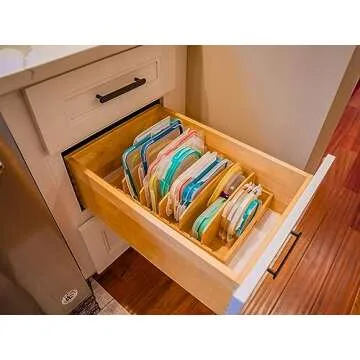 Umilife Large Food Container Lids Organizer for Kitchen Cabinet and Drawer, Bamboo Organizer with 5 Tall Adjustable Dividers, Plastic Lids Organization and Storage