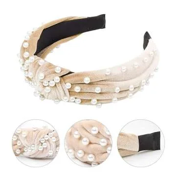 WOVOWOVO 4 Packs Knotted Headbands for Women Pearl Womens Headband Non Slip Cute Pink Wide Thick Top Knot Velvet Hairband Hair Accessories