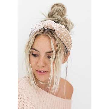 WOVOWOVO 4 Packs Knotted Headbands for Women Pearl Womens Headband Non Slip Cute Pink Wide Thick Top Knot Velvet Hairband Hair Accessories