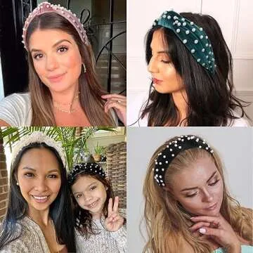 WOVOWOVO 4 Packs Knotted Headbands for Women Pearl Womens Headband Non Slip Cute Pink Wide Thick Top Knot Velvet Hairband Hair Accessories
