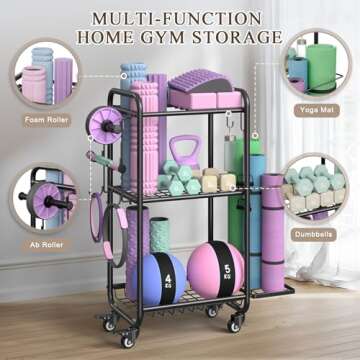 Jusgym Weight Rack for Home Gym, All in One Yoga Mat Storage Rack, Workout Equipment Storage with Wheels and Hooks for Dumbbells Kettlebells Foam Rollers, Powder Coated Finish Steel