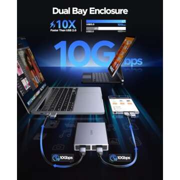 ORICO Dual-Bay NVMe M.2 SSD Enclosure Aluminum USB3.2 Gen2 10Gbps M.2 Type-C SSD Docking Station for...