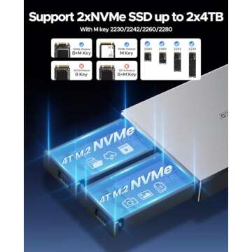 ORICO Dual-Bay NVMe M.2 SSD Enclosure Aluminum USB3.2 Gen2 10Gbps M.2 Type-C SSD Docking Station for PCIe M-Key, B&M Key 2230/2242/2260/2280 SSD, Tool-Less Installation up to 4TB