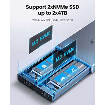 ORICO Dual-Bay NVMe M.2 SSD Enclosure Aluminum USB3.2 Gen2 10Gbps M.2 Type-C SSD Docking Station for PCIe M-Key, B&M Key 2230/2242/2260/2280 SSD, Tool-Less Installation up to 4TB