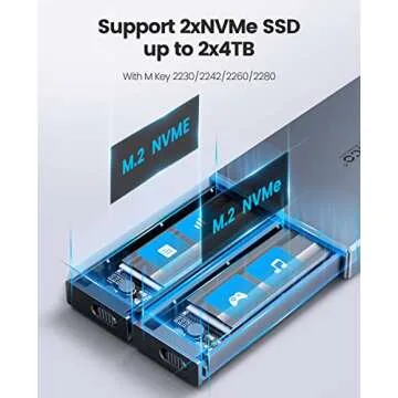 ORICO Dual-Bay NVMe M.2 SSD Enclosure Aluminum USB3.2 Gen2 10Gbps M.2 Type-C SSD Docking Station for PCIe M-Key, B&M Key 2230/2242/2260/2280 SSD, Tool-Less Installation up to 4TB