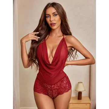 Avidlove Women Sexy Lingerie Teddy One Piece Lace Halter Babydoll Bodysuit Wine Red XXL