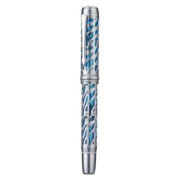 Hongdian A6 Piston Fountain Pen Extra Fine Soft Nib, Silver Blue Hollow Skeleton & Resin Pen with Metal Case Set