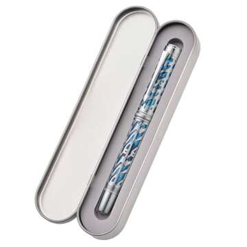 Hongdian A6 Piston Fountain Pen Extra Fine Soft Nib, Silver Blue Hollow Skeleton & Resin Pen with Metal Case Set