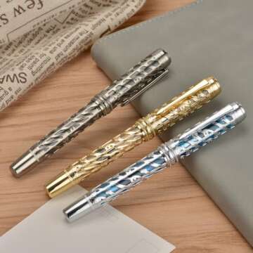 Hongdian A6 Piston Fountain Pen Extra Fine Soft Nib, Silver Blue Hollow Skeleton & Resin Pen with Metal Case Set