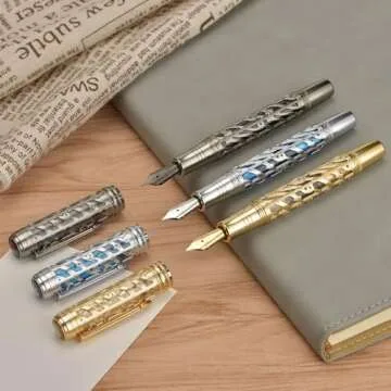 Hongdian A6 Piston Fountain Pen Extra Fine Soft Nib, Silver Blue Hollow Skeleton & Resin Pen with Metal Case Set