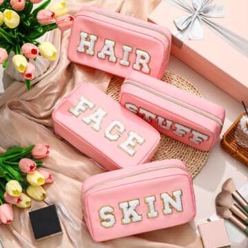 Remerry 4 Pcs Nylon Cosmetic Bag Travel Organizer Chenille Letter Makeup Pouch Zipper Preppy Waterpr...