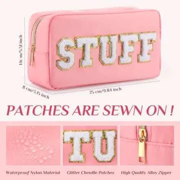 Remerry 4 Pcs Nylon Cosmetic Bag Travel Organizer Chenille Letter Makeup Pouch Zipper Preppy Waterproof Hair Bag Toiletry Pouch for Women Christmas Gift(Pink)