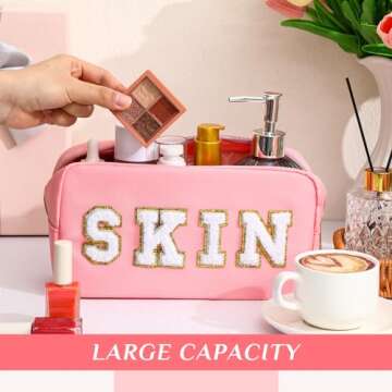 Remerry 4 Pcs Nylon Cosmetic Bag Travel Organizer Chenille Letter Makeup Pouch Zipper Preppy Waterproof Hair Bag Toiletry Pouch for Women Christmas Gift(Pink)