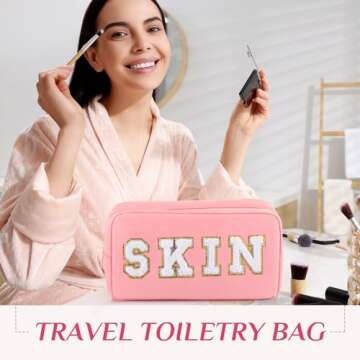 Remerry 4 Pcs Nylon Cosmetic Bag Travel Organizer Chenille Letter Makeup Pouch Zipper Preppy Waterproof Hair Bag Toiletry Pouch for Women Christmas Gift(Pink)