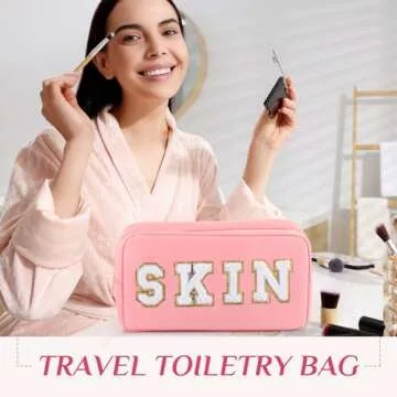 Remerry 4 Pcs Nylon Cosmetic Bag Travel Organizer Chenille Letter Makeup Pouch Zipper Preppy Waterproof Hair Bag Toiletry Pouch for Women Christmas Gift(Pink)