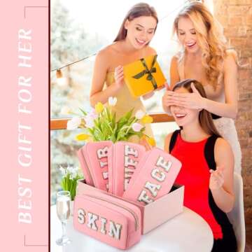 Remerry 4 Pcs Nylon Cosmetic Bag Travel Organizer Chenille Letter Makeup Pouch Zipper Preppy Waterproof Hair Bag Toiletry Pouch for Women Christmas Gift(Pink)