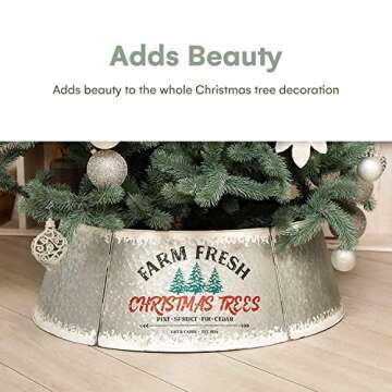 Galvanized Christmas Tree Collar - Adjustable Metal Skirt for Large to Small Trees - Distressed Whit...