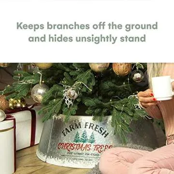 Galvanized Christmas Tree Collar - Adjustable Metal Skirt for Large to Small Trees - Distressed White, Standard Size - Christmas Decor